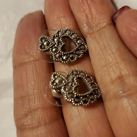 Imposters Copy Jewelry Jewelry - Marcasite Heart Pierced Earrings, 1/2 inch size, Antique Silver Finish, Artsy